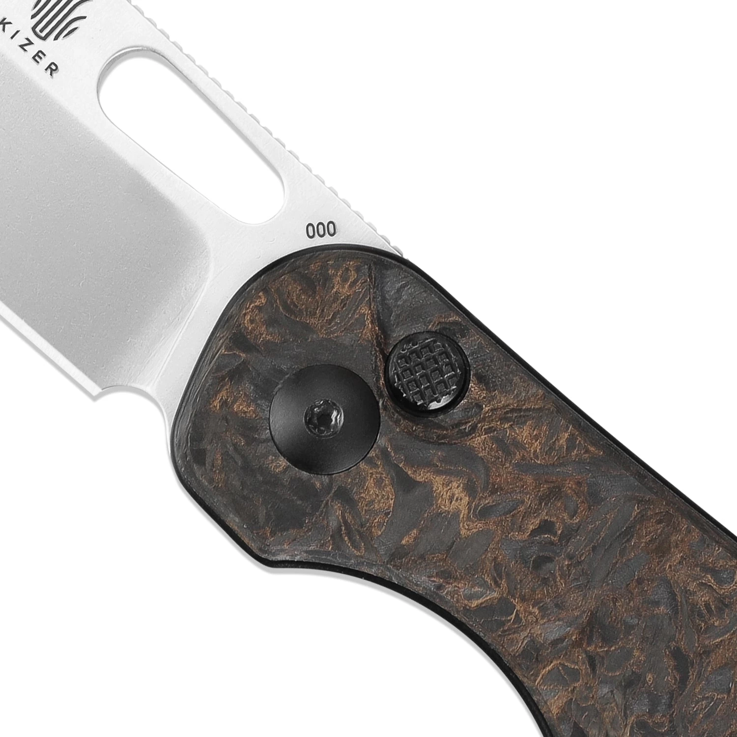 Kizer Azo HIC-CUP S35VN Blade Button Lock Knife Fatcarbon Handle Ki3606A1 (3.15” Stonewash) - Image 3